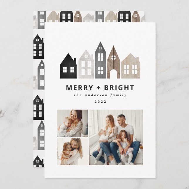 Modern Japan Christmas Nordic houses 3 photo chic  Holiday Card (Front/Back)