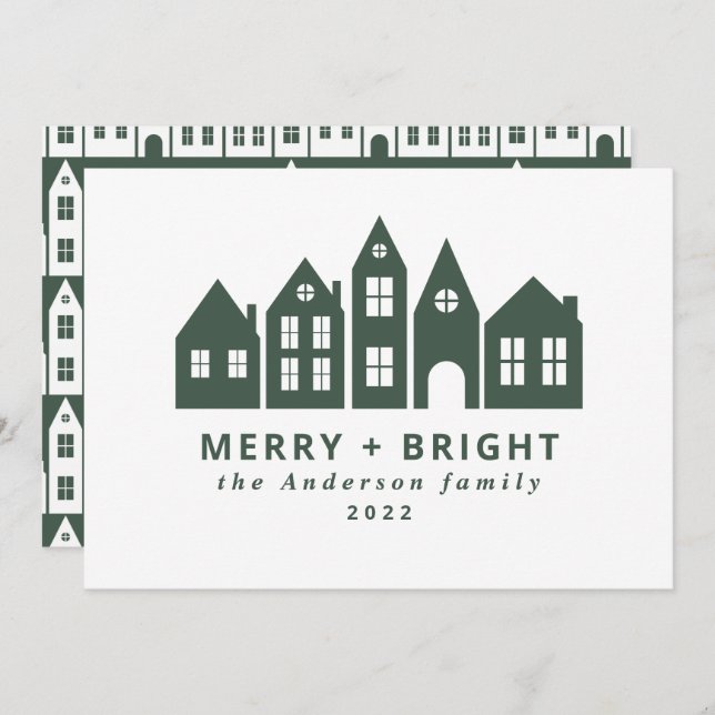 Modern Japan Christmas Nordic houses green Holiday Card (Front/Back)