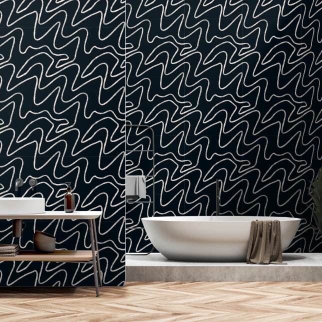 Modern Japandi-style line art in cream and black.  Wallpaper (Bathroom)