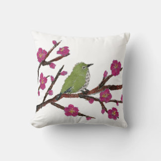 Modern Japanese Bird and Plum Tree Art Pillow