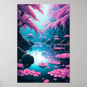 Modern Japanese Garden Cherry Blossoms Art Poster