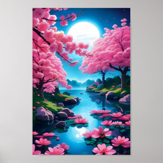 Modern Japanese Garden Cherry Blossoms Art Poster