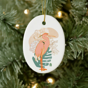 Modern Japanese Heron and Flowers Christmas Ceramic Ornament