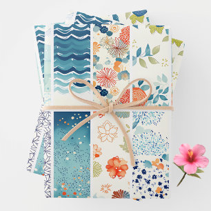 Modern Japanese Indigo Pattern Collage Sampler Wrapping Paper Sheet