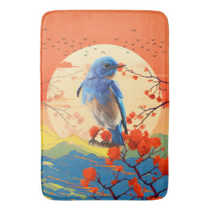 Modern Japanese Nature Bird In Blossom Scenery  Bath Mat