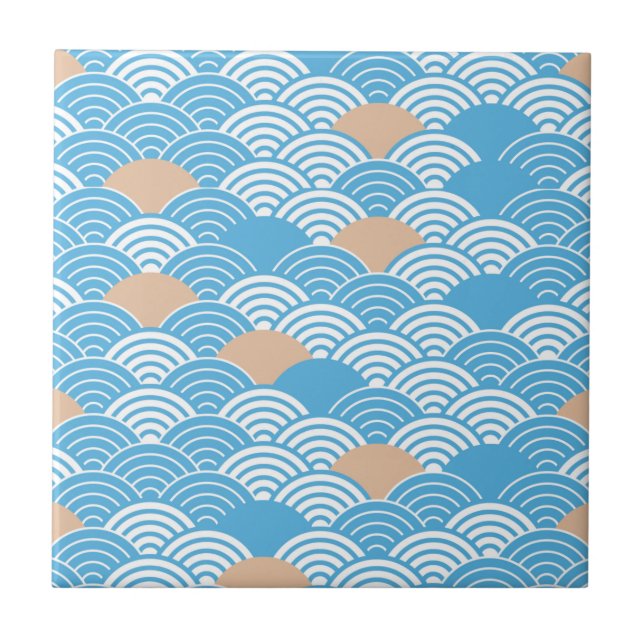 Modern Japanese Seigaiha Waves & Rising Sun Ceramic Tile (Front)