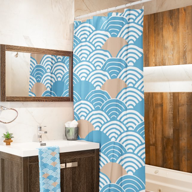 Modern Japanese Seigaiha Waves & Rising Sun Shower Curtain (Creator Uploaded)