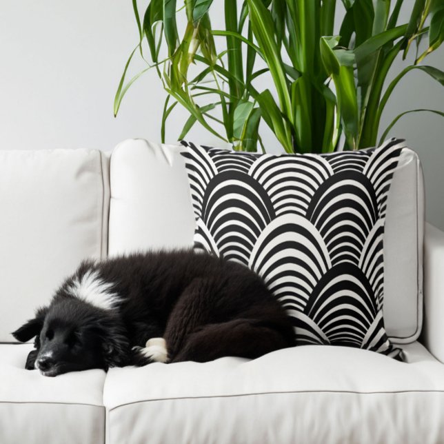 Modern Jazz Age Roaring Twenties Black and White Cushion (Pillow shown at approx 20 inch size. Dog not included.)