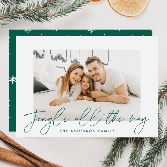 Modern Jingle All The Way Green Script Photo Holiday Card (Creator Uploaded)