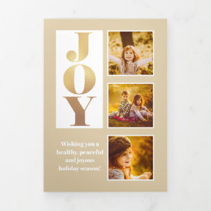 Modern Joy Block Letter 3-Photo-Gold Tri-Fold Card