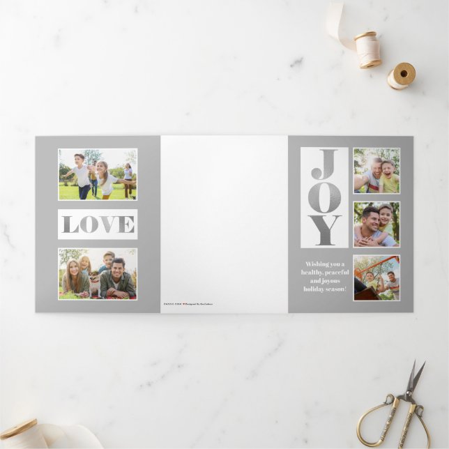 Modern Joy Block Letter 3-Photo-Silver Tri-Fold Card (Outside)