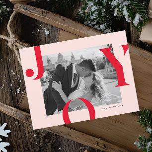 Modern JOY Christmas Photo Card   Bold Red & Pink 