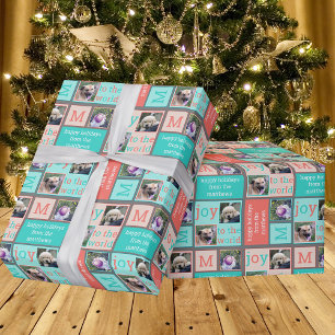 Modern JOY Coral Turquoise Retro 3 Photo Collage Wrapping Paper