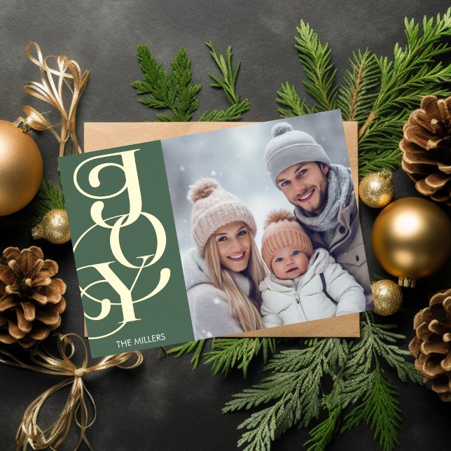 Modern Joy Elegant Typography Green Minimal Photo Foil Holiday Card (Modern Joy Elegant Typography Green Minimal Photo Foil Holiday Card)