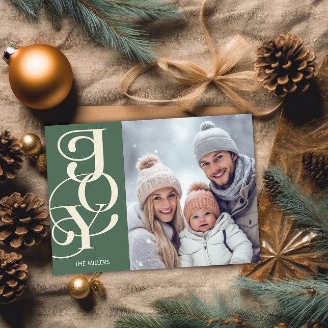 Modern Joy Elegant Typography Green Minimal Photo Holiday Card (Modern Joy Elegant Typography Green Minimal Photo Holiday Card)