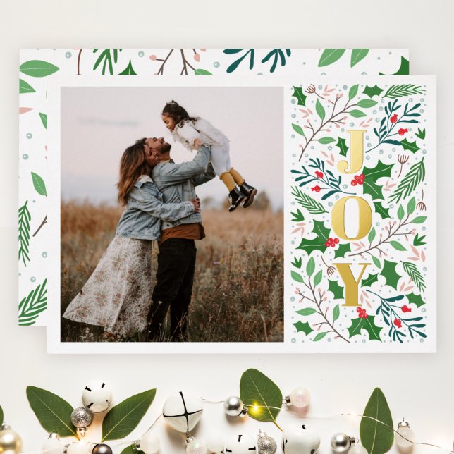 Modern JOY Holly Berries Photo Foil Holiday Card (Creator Uploaded)