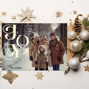 Modern Joy Minimal Elegant 1 Photo Green Gingham Foil Holiday Card