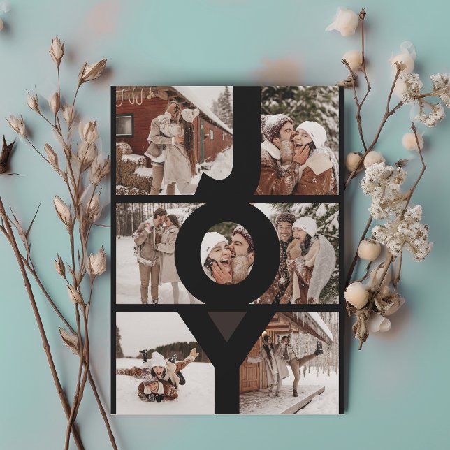 Modern JOY multiple photos couples Holiday Card (Couples multiple collage photo. large bold letters spelling JOY. modern and contempory)