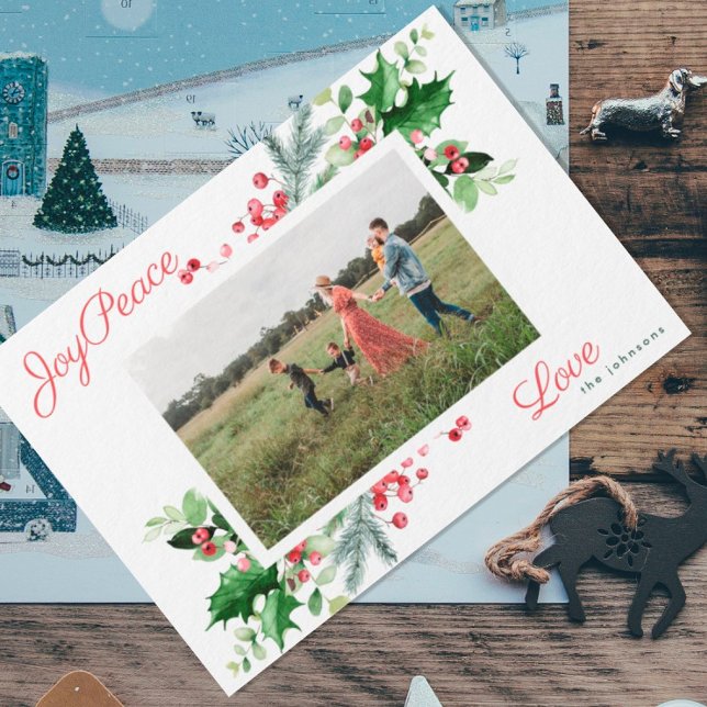 Modern | Joy Peace Love | Greenery Foliage Photo Holiday Card (Creator Uploaded)