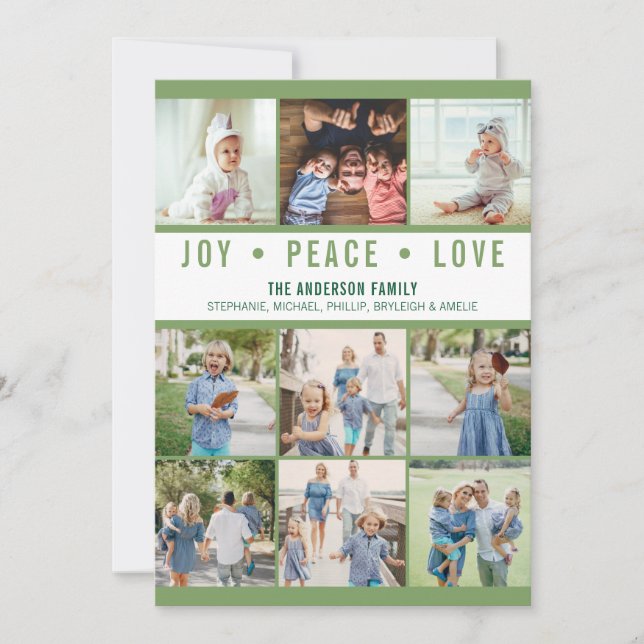 Modern Joy Peace Love Photo Collage Green Holiday Card (Front)