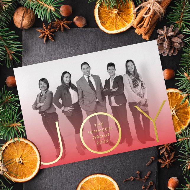 Modern Joy Red Ombre Gradient Photo Gold Foil Holiday Card (Creator Uploaded)