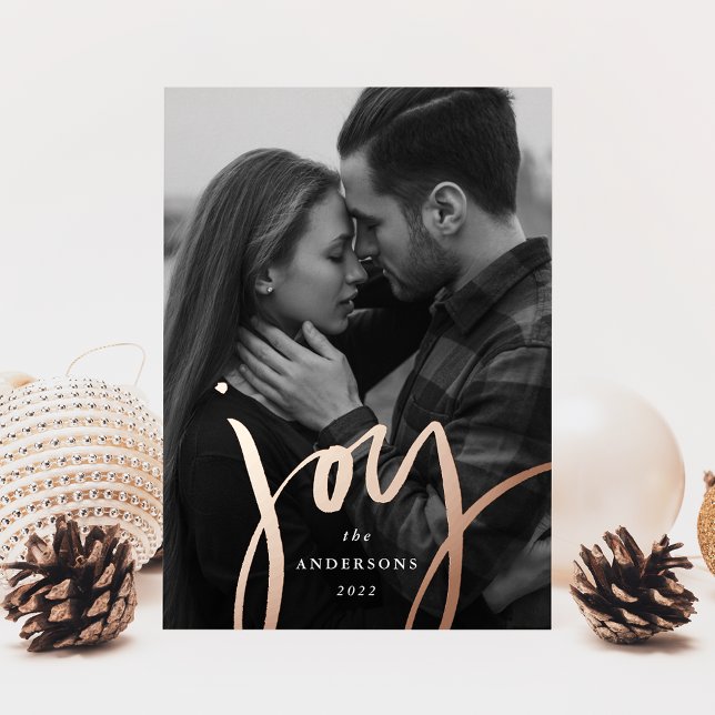 Modern Joy Rose Gold Photo Foil Holiday Card (Creator Uploaded)