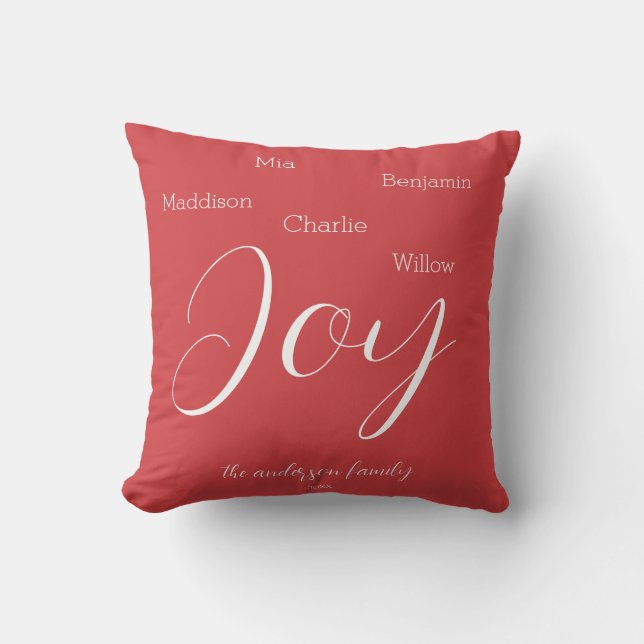 Modern Joy Script Personalised Family Holiday Cushion (Front)