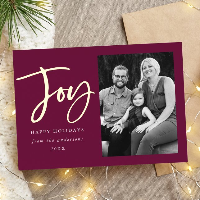 Modern Joy Script Purple Photo Foil Holiday Card (Creator Uploaded)