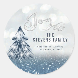 Modern  joy sparkling Christmas tree glittery Classic Round Sticker