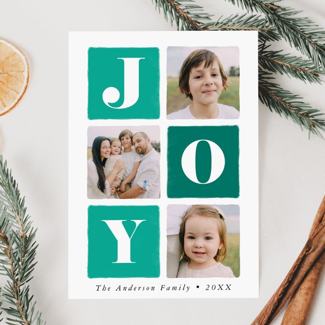 Modern Joy Squares Turquoise and Teal 3 Photo Holiday Card (Creator Uploaded)
