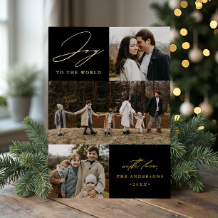 Modern Joy to the World Black 4 Photo Foil Holiday Card