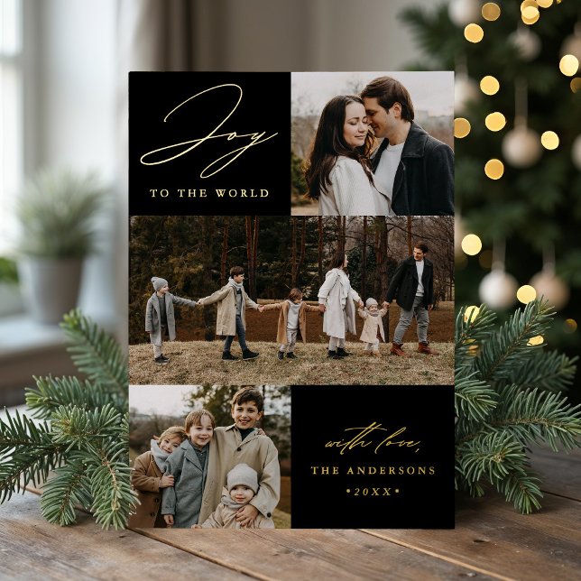 Modern Joy to the World Black 4 Photo Foil Holiday Card (Creator Uploaded)