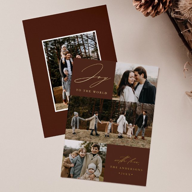 Modern Joy to the World Brown 4 Photo Foil Holiday Card (Creator Uploaded)