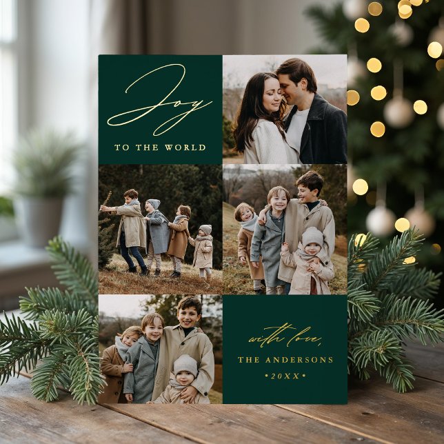 Modern Joy to the World Green 5 Photo Foil Holiday Card (Creator Uploaded)