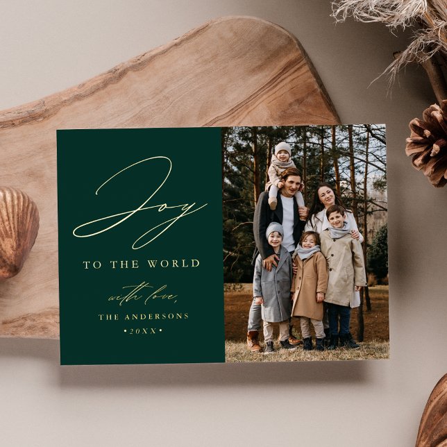 Modern Joy to the World Green Photo Foil Holiday Card (Creator Uploaded)