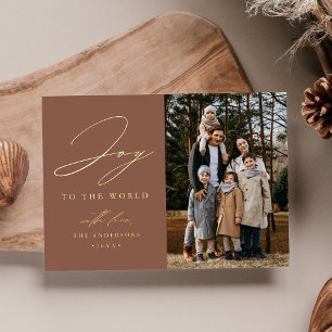 Modern Joy to the World Mocha Photo Foil Holiday Card