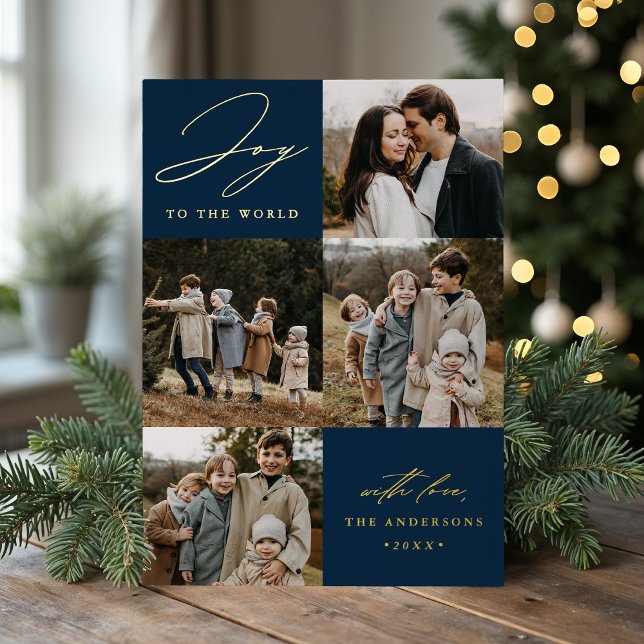 Modern Joy to the World Navy 5 Photo Foil Holiday Card (Creator Uploaded)
