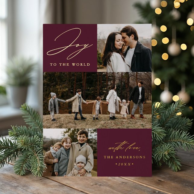 Modern Joy to the World Plum 4 Photo Foil Holiday Card (Creator Uploaded)