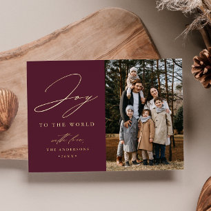 Modern Joy to the World Plum Purple Photo Foil Holiday Card