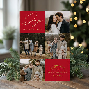 Modern Joy to the World Red 5 Photo Foil Holiday Card
