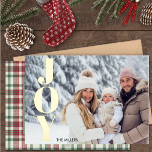 Modern Joy Typography Minimal 1 Photo Tartan Plaid Foil Holiday Card