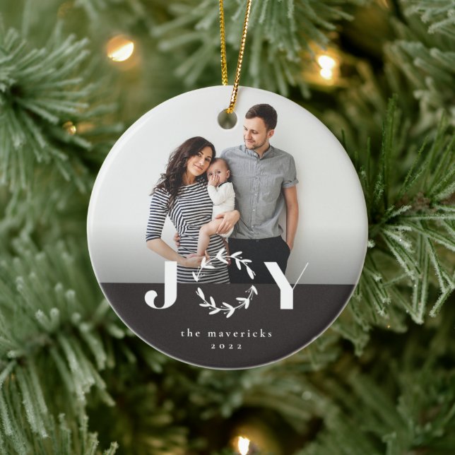 Modern Joy Wreath Photo Holiday Christmas Ceramic Ornament (Tree)