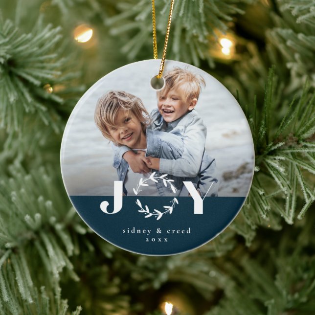 Modern Joy wreath Photo Holiday Christmas Ceramic Ornament (Tree)