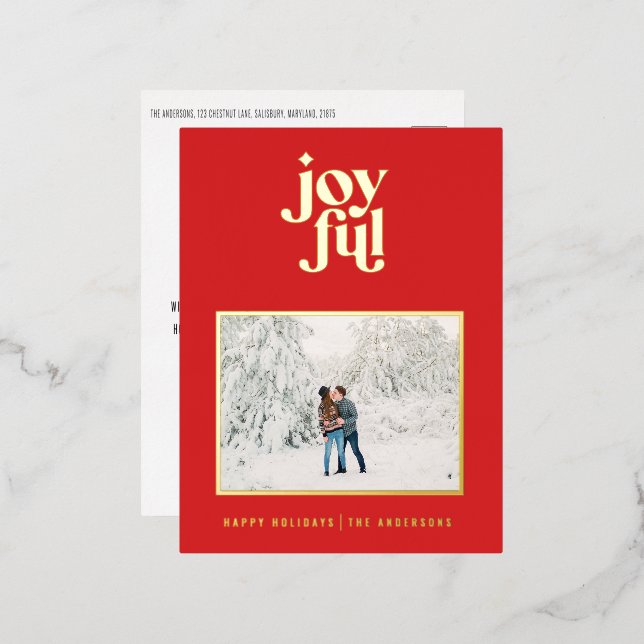 modern joyful 1 photo  foil holiday postcard (Front/Back)