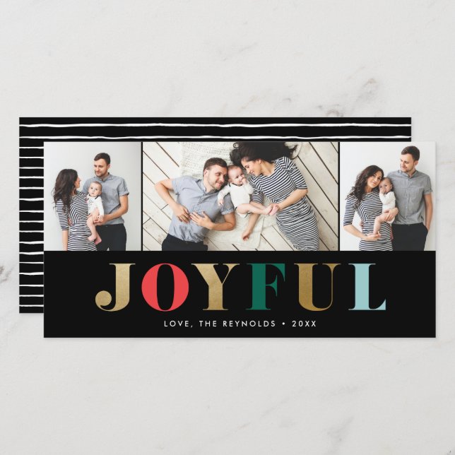 Modern Joyful 3 Photo Christmas Holiday Card (Front/Back)