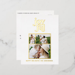 modern joyful 3 photo  foil holiday postcard