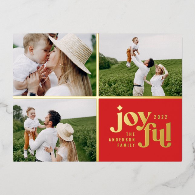 modern joyful 3 photo  foil holiday postcard (Front)