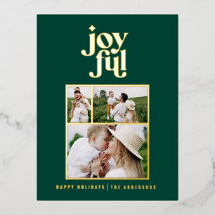 modern joyful 3 photo  foil holiday postcard