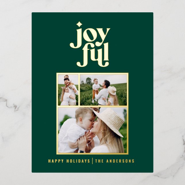 modern joyful 3 photo  foil holiday postcard (Front)
