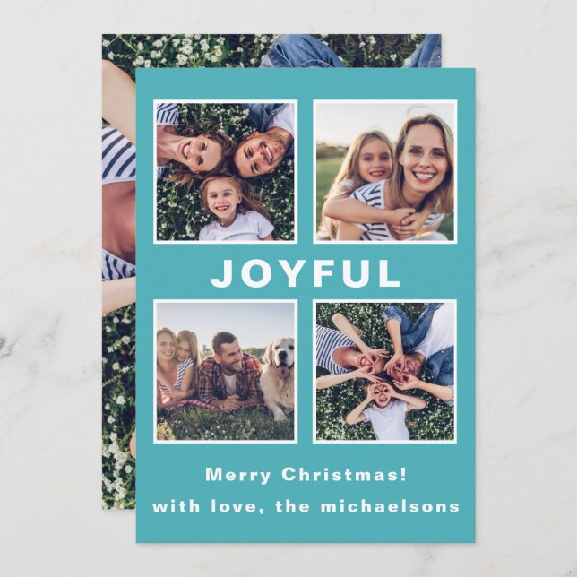 Modern Joyful Christmas Blue Photo Collage Holiday Card (Front/Back)
